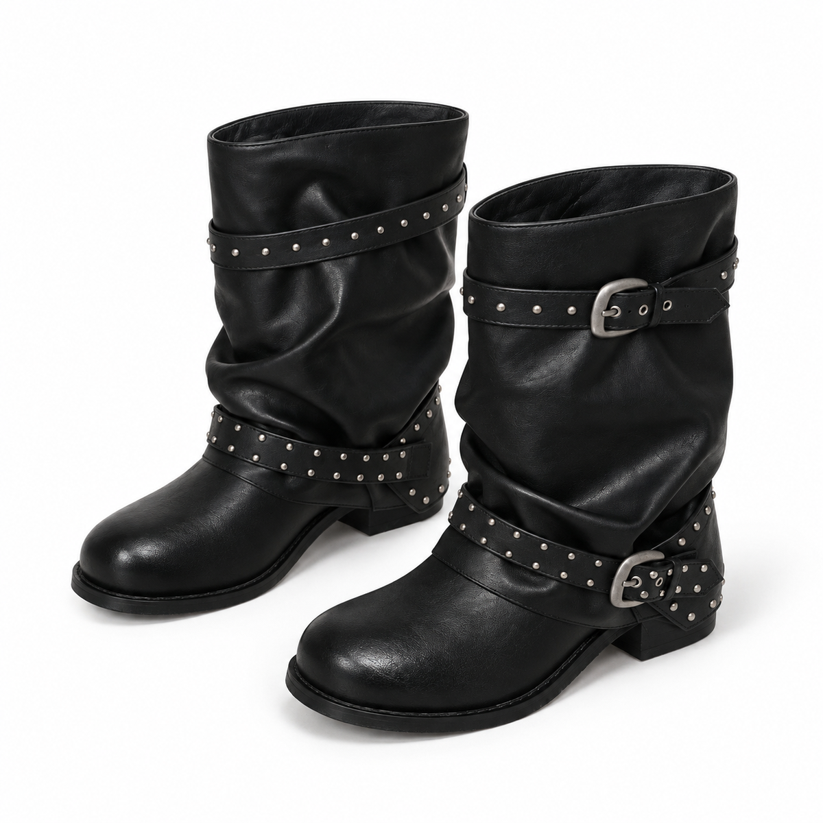 Studded Slouchy Moto Boots.