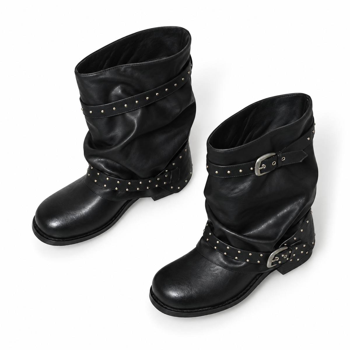Studded Slouchy Moto Boots.
