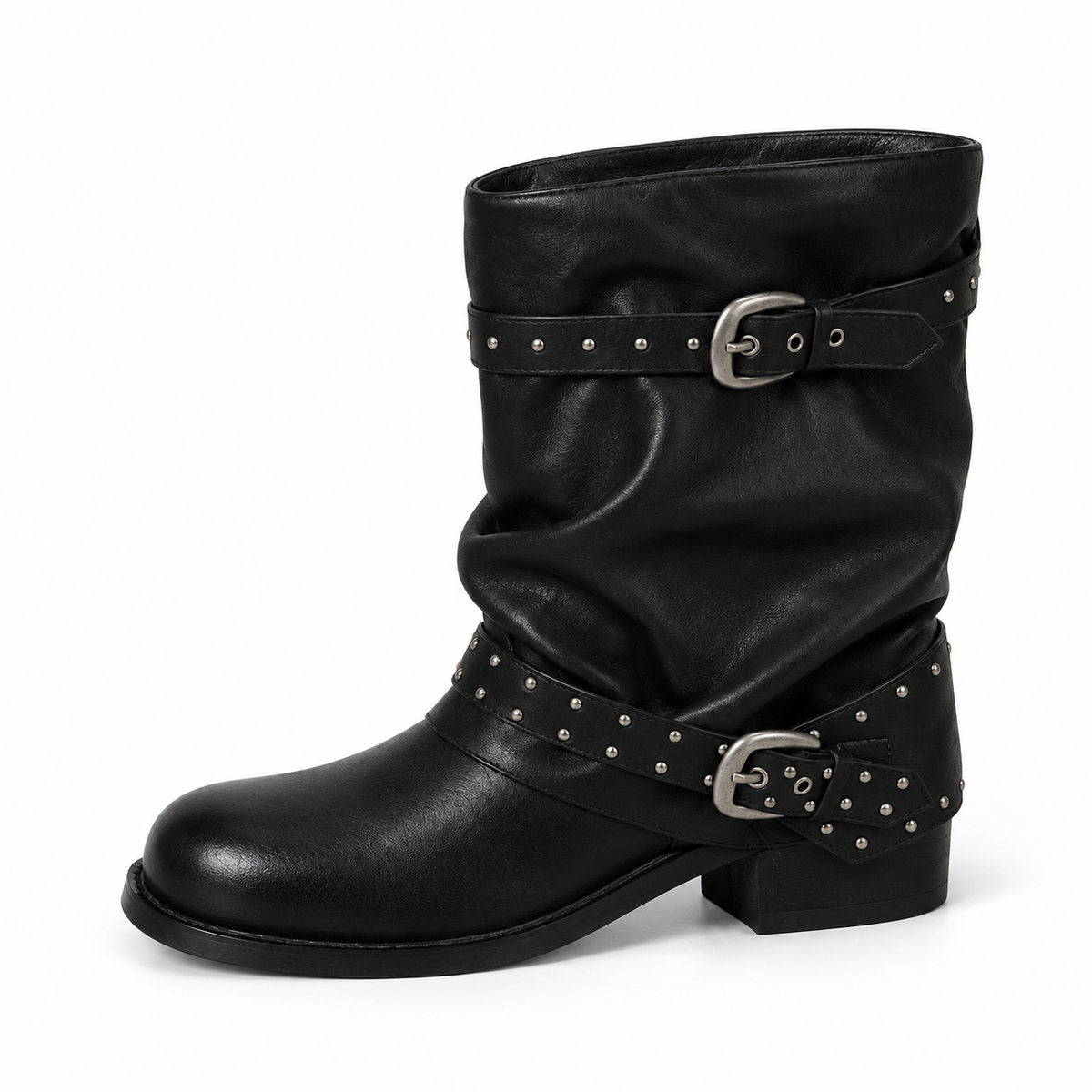 Studded Slouchy Moto Boots.